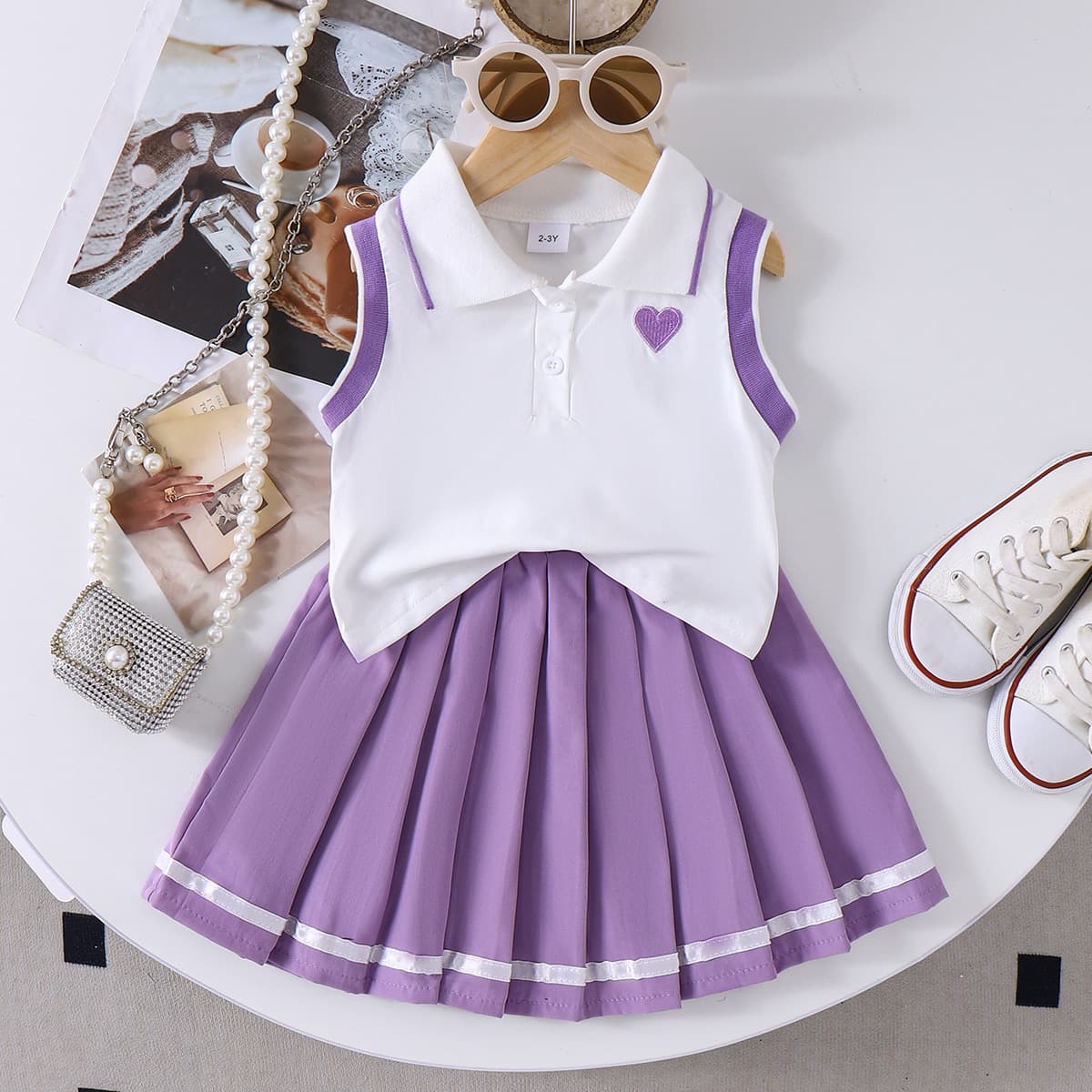 Girls' Summer Set: Lapel Vest with Solid Pleated Skirt Two-Piece Outfit
