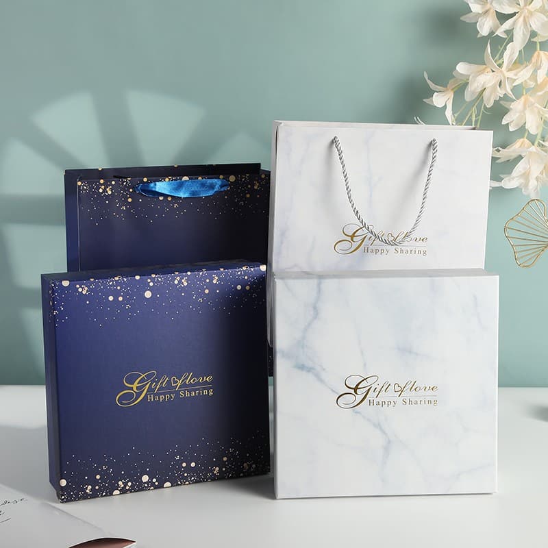In Stock Large Blue Starry Sky Shopping Bag White Card Marble Pattern Gift Bag Thickened Cardboard Packaging Bag Exquisite Gift Bag