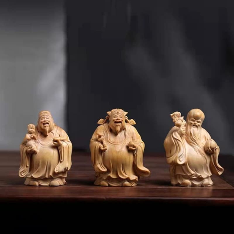 Fulu Shou Three Star Blessing Cypress Solid Wood Carving Craft Wealth God Longevity Star Fortune Star Home Traditional Decorative Ornament