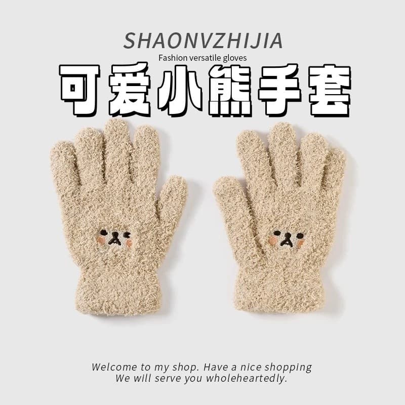 [Newcomer 0.34] Cute Bear Gloves Winter Warmth Fingerless Embroidered Bear Adorable Cartoon Cold Protection