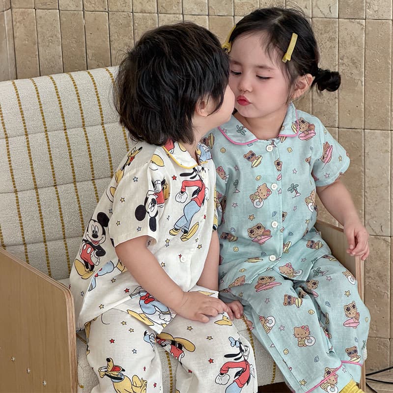 Children's Cotton Gauze Pajamas Spring/Summer New Style Short Sleeve Top and Long Pants Boy Girl Cute Homewear Baby Pure Cotton Two-Piece Set