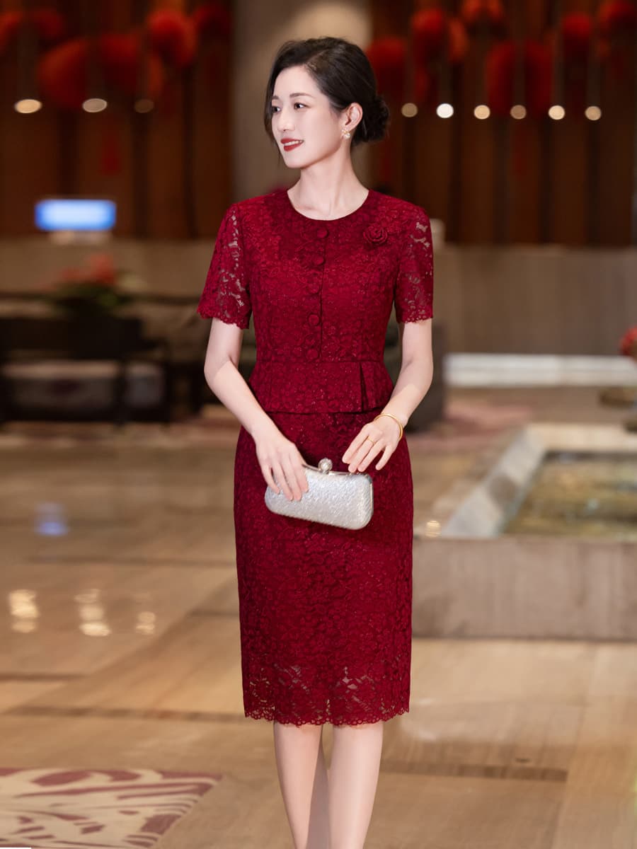 2025 Summer New Dress Lace Purple Red Wedding Banquet Mother of Bride Mother of Groom Dress Drop Shipping