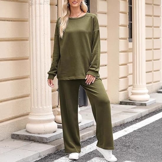 2025 autumn/winter new casual home set solid color round neck loose top elastic wide-leg pants pocket two-piece.