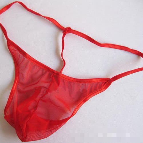 Men's sexy see-through briefs, bikini bottoms, red thongs revealing penis