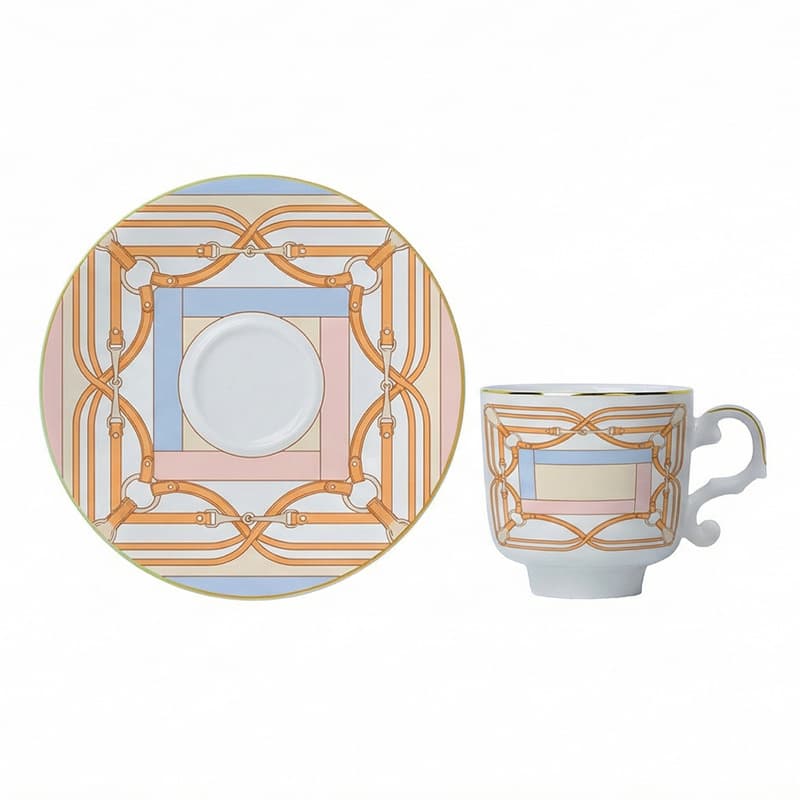 Luxury Vintage Turkish Ceramic Coffee Cup Set with Two Cups and Saucers, Gold-Rimmed Handle, Small Miniature Espresso Cup