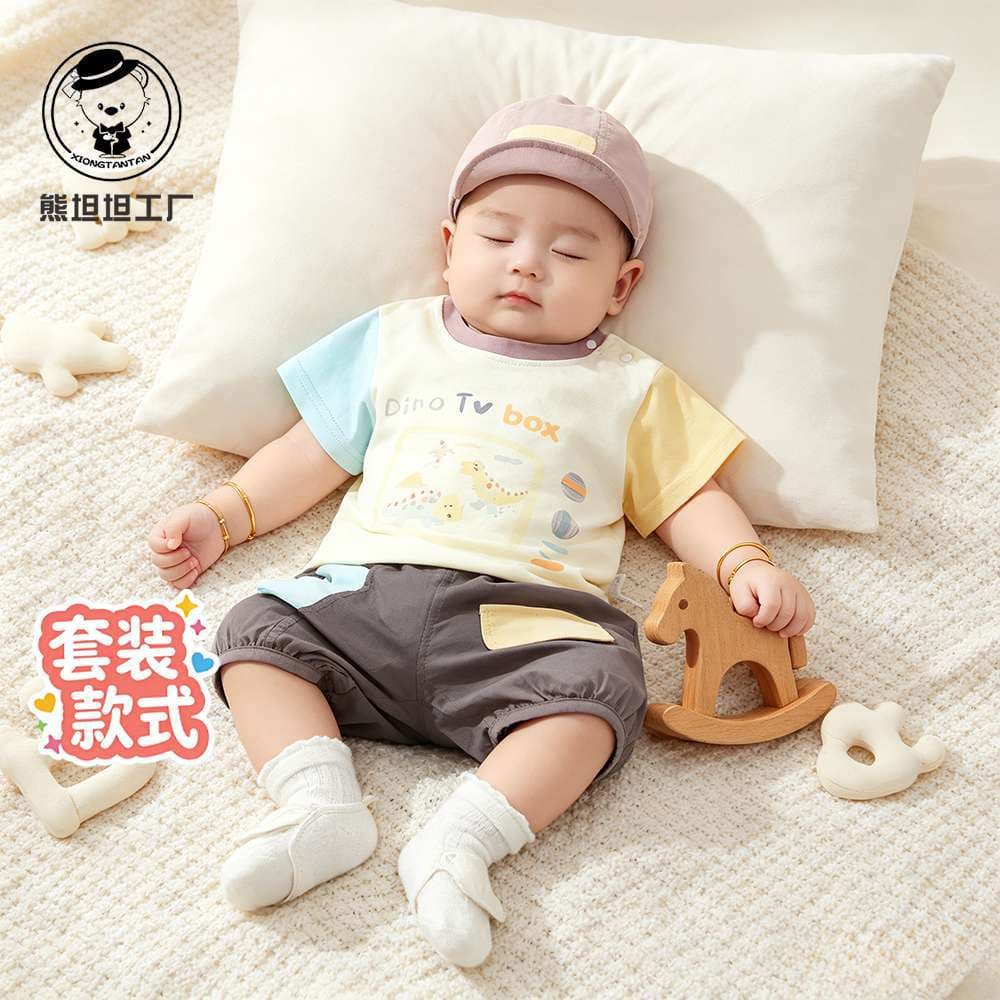 Baby Summer Set 2026 New Korean Style Boy Outfit Super Cute Color-Block T-Shirt and Shorts Two-Piece Summer Wear