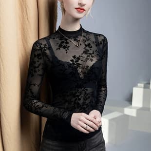 Sexy Stand Collar Lace Shirt Women Sheer Mesh 2026 Spring Base Layer Top Inner Wear Slim Fit Flocked Print Top