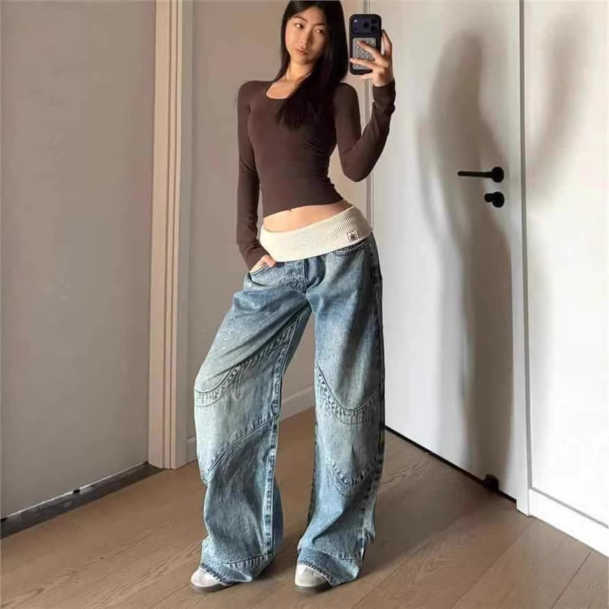 American Retro Ribbed Waistband Straight-Leg Jeans for Women, Spring/Fall High-Street Design, Loose-Fitting, Slimming Wide-Leg Pants