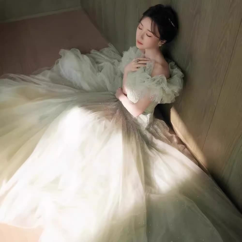 Green Evening Gown 2026 New Style, Fairy Forest-Inspired Graduation & Vocal Exam Performance Dress with Tulle Skirt
