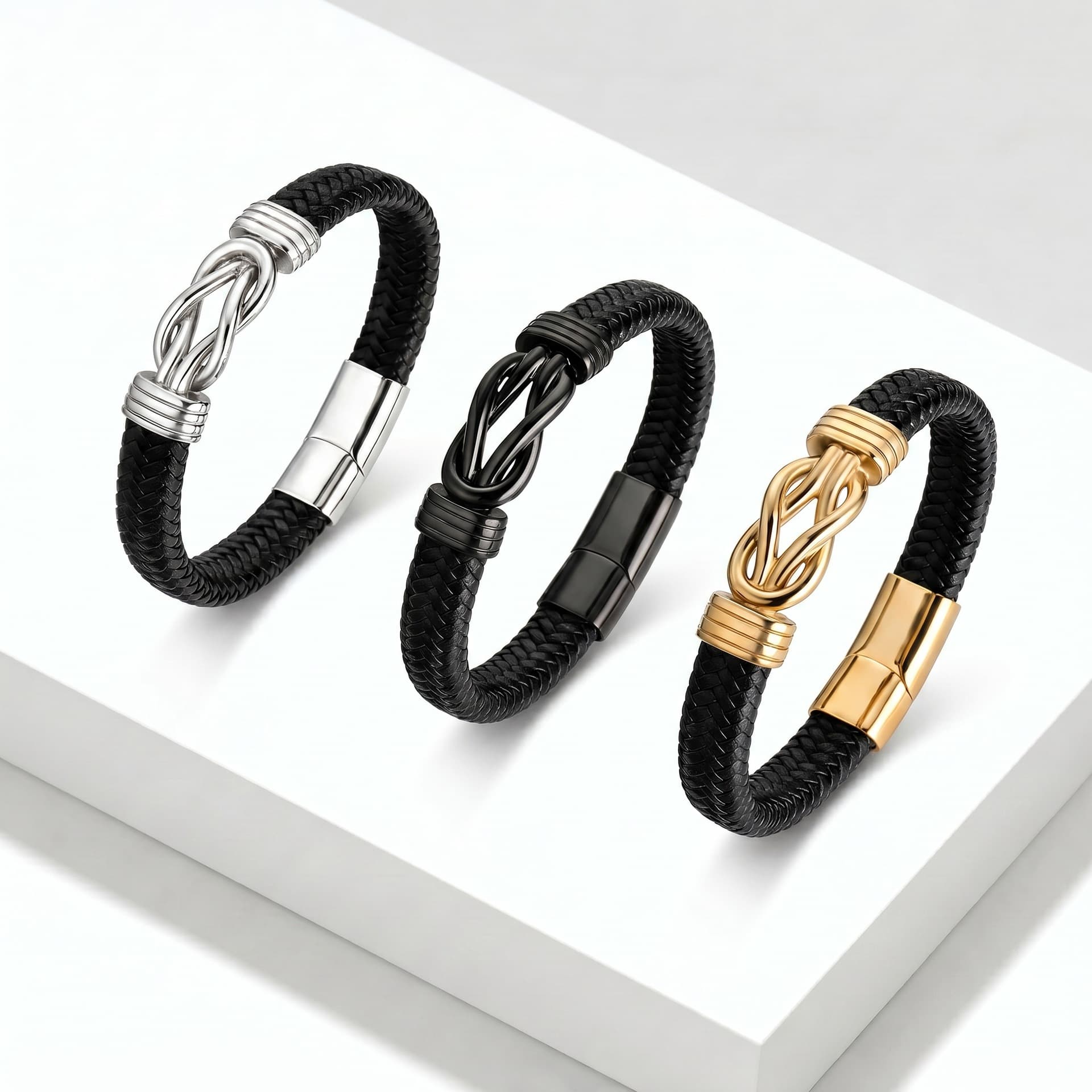 Men's Stainless Steel Braided Leather Bracelet Simple Trendy Bangle Personality Magnetic Buckle Premium Feel Bracelet