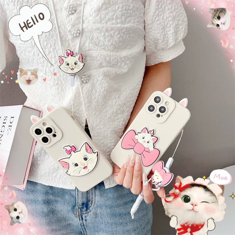 Flop Ear Marie Cat Leather Phone Case for iPhone 16 Pro Max, Compatible with 15/14/12, with Lanyard