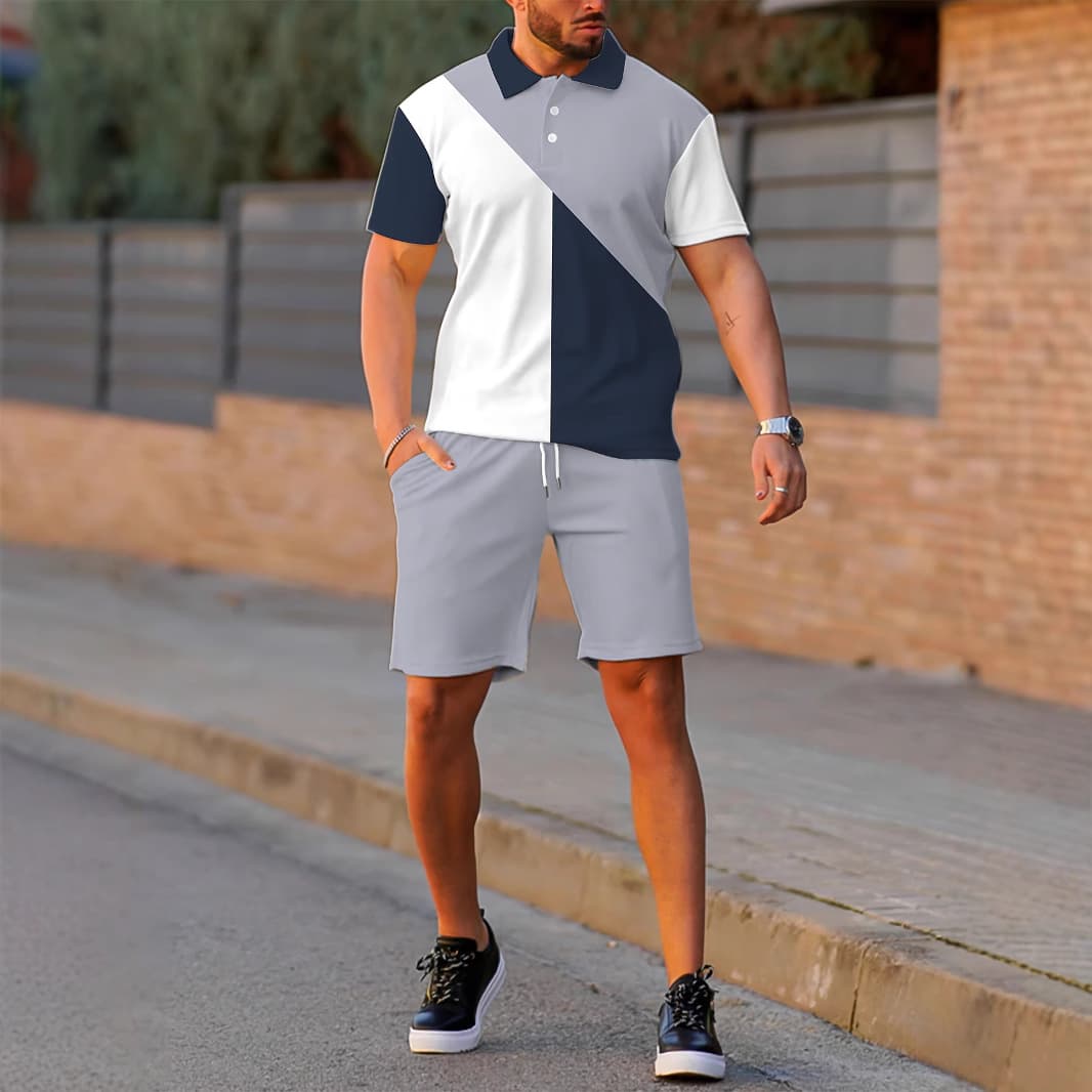 Button-Down Collar Polo Shirt Set Summer Casual Fashion Simple Print Comfortable Lightweight Men's Casual Set