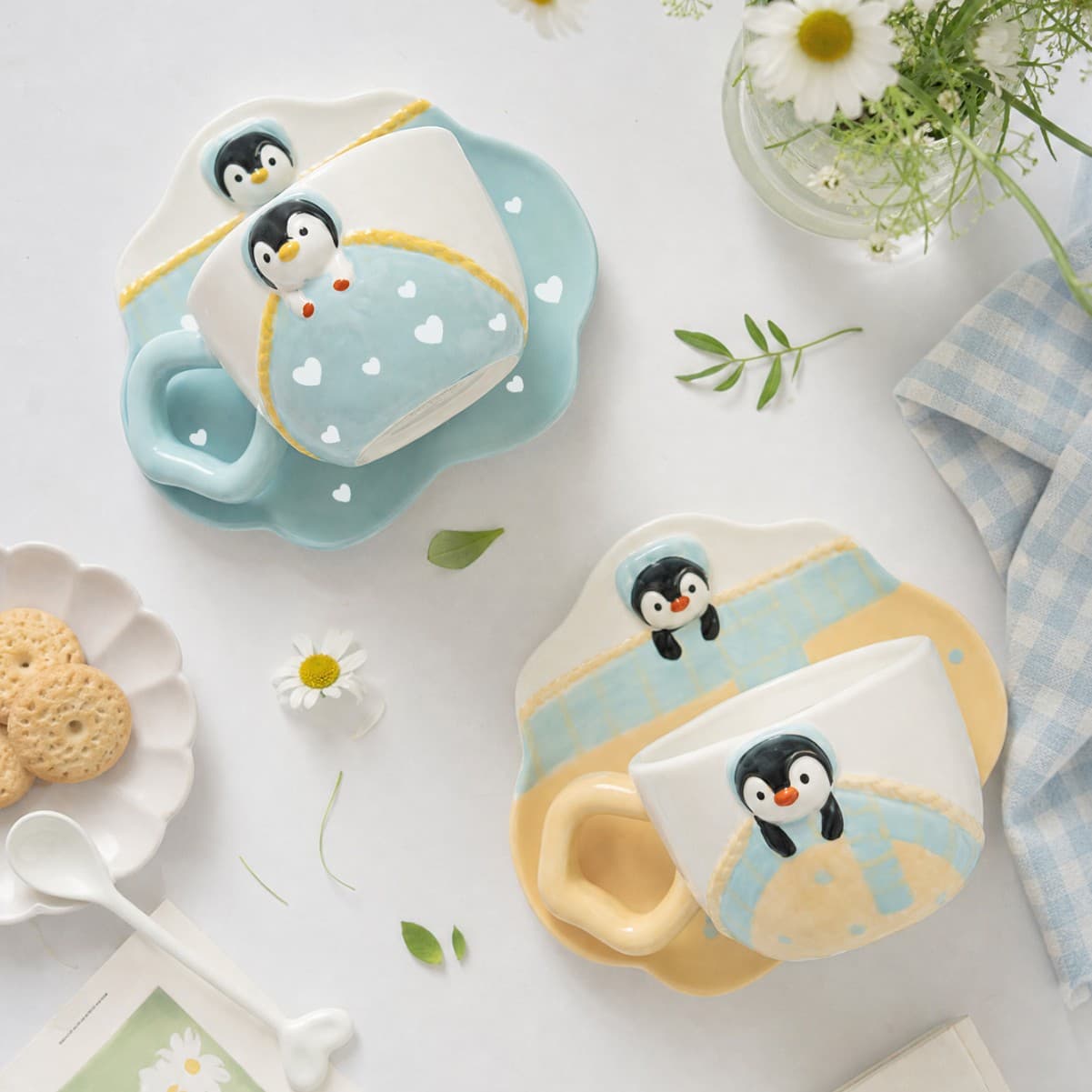 Adorable 3D Penguin Ceramic Mug with Saucer, Ins Style Breakfast Coffee Cup for Girls, Gift for Couples