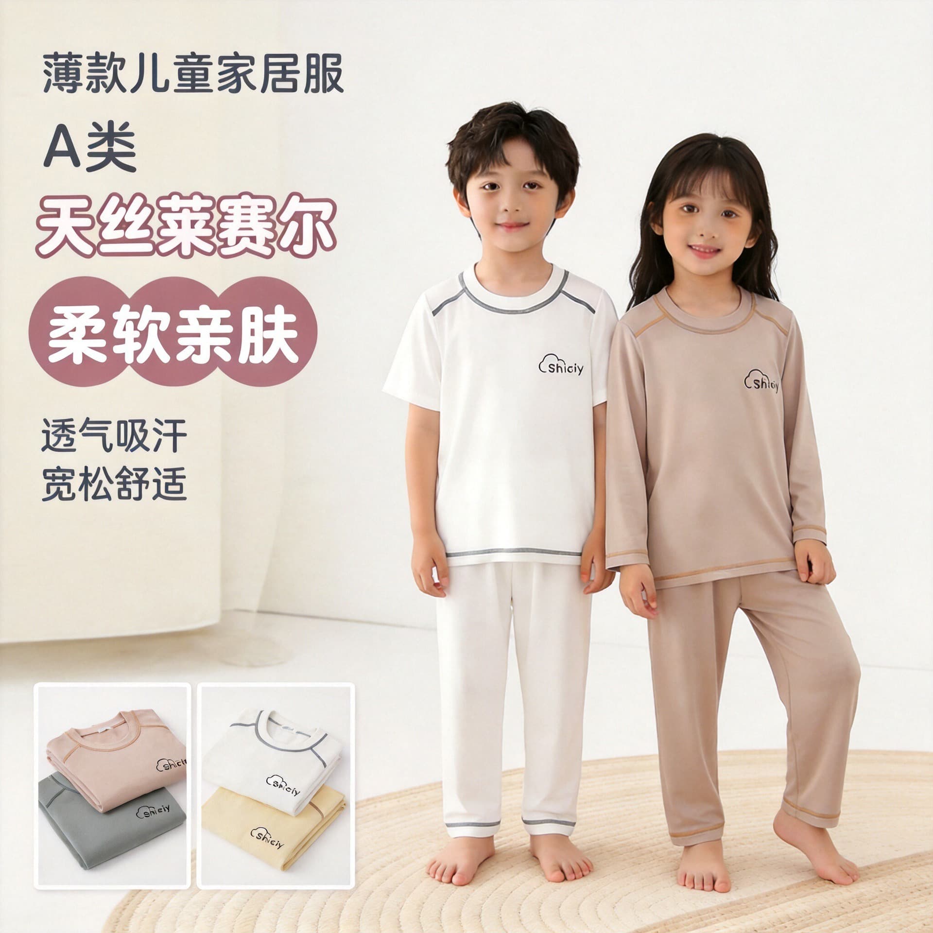 Children's Short-Sleeve Homewear Set in Grade A Tencel Lyocell, Thin Style, Long-Sleeve Pajamas for Boys and Girls, Baby Air Conditioning Wear