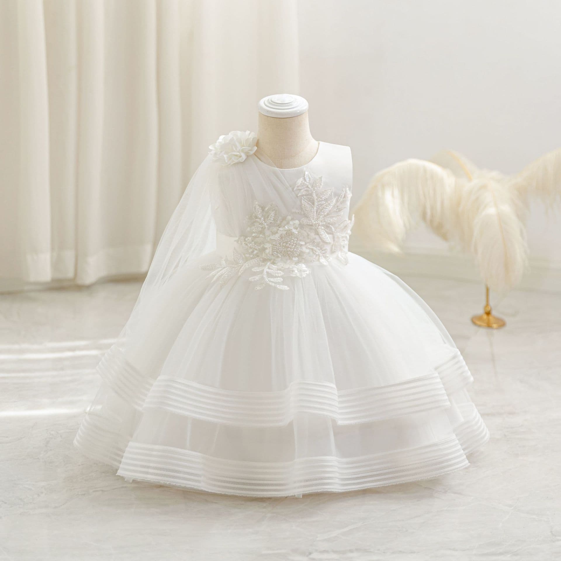 Girls' Formal Dress, Short-Sleeve Tutu Princess Dress, Elegant Flower Girl Wedding Dress, Little Girl Piano Performance Outfit