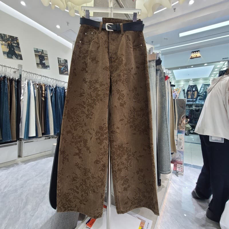 Vintage High-Waist Floral Print Wide-Leg Casual Pants, Loose Slimming Distressed Harem Jeans, Fashion Denim
