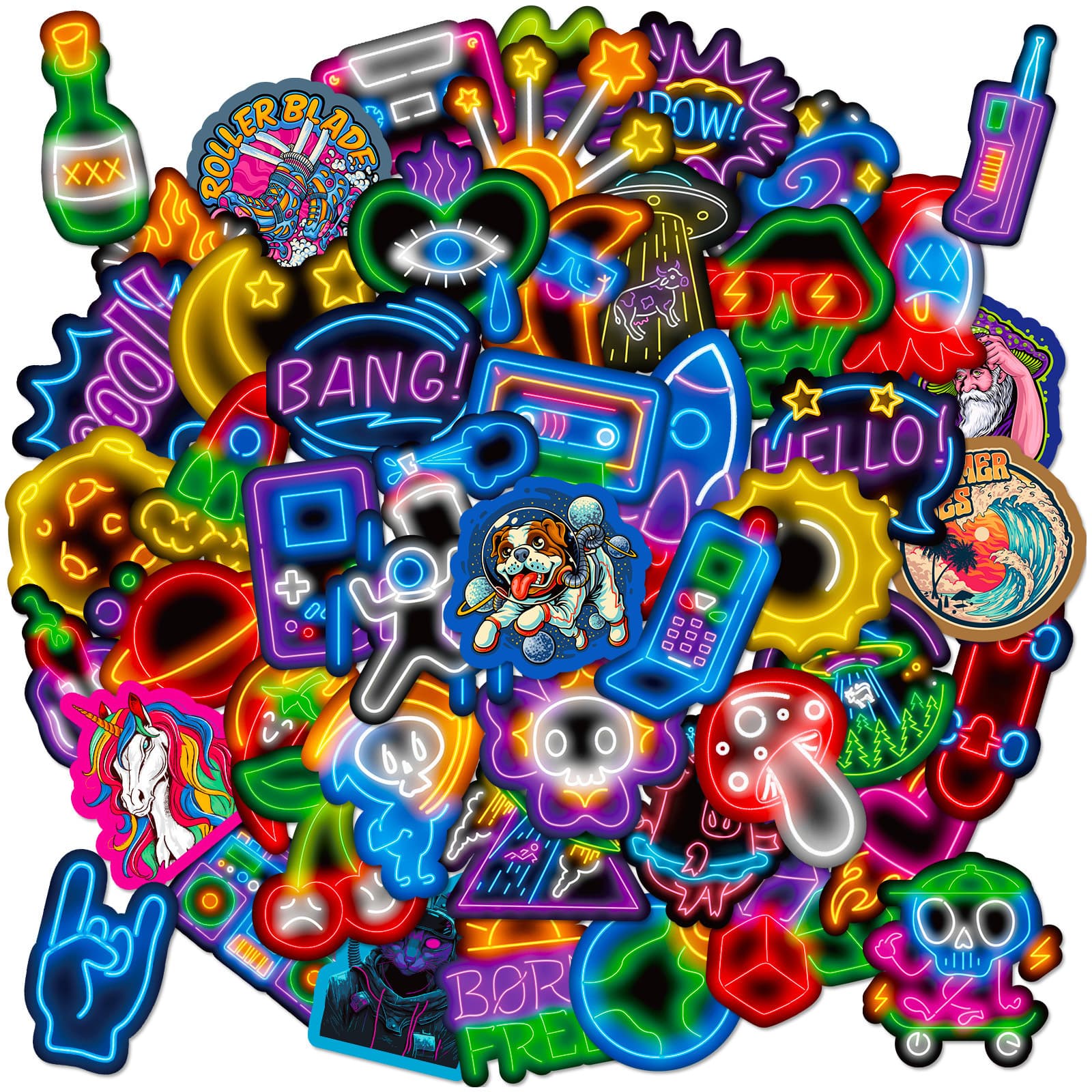 50-Piece Rocket Neon Cool Stickers, Cross-Border Neon Light Trendy Brand Stickers, Luggage, Water Bottle, Motorcycle Decals