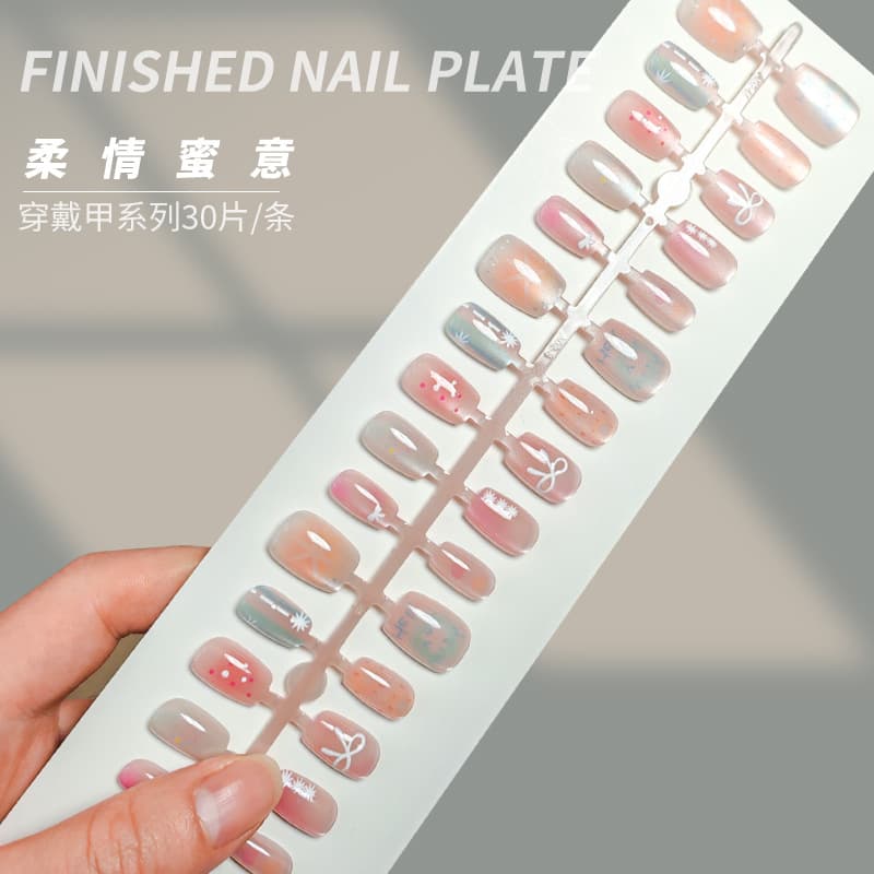 Painted, smudged, cute Bado, beautiful cat-eye print, wearable bow, short style, coded pre-made manicure