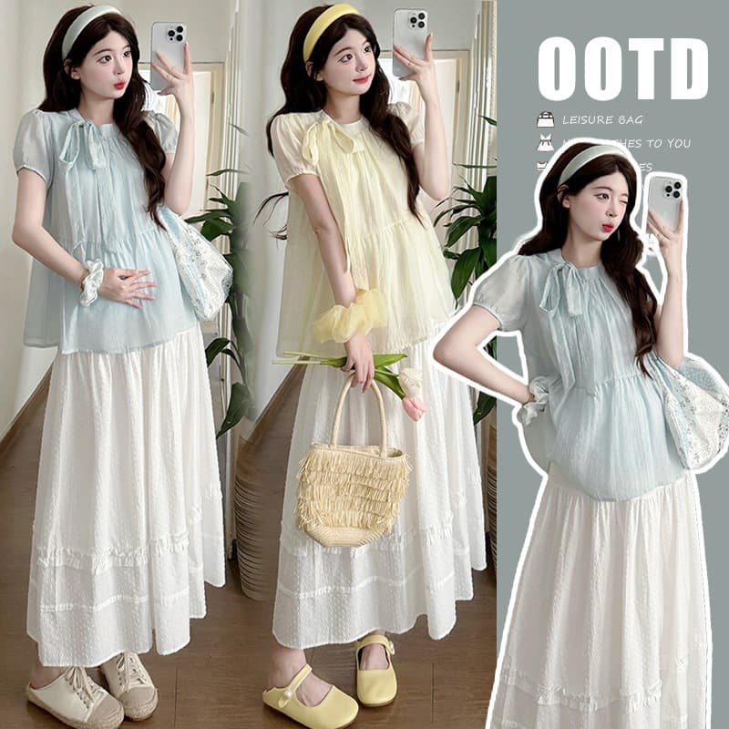 Lace Skirt Butterfly Bow Real Doll Blouse Maternity Set New Summer Round Neck Bubble Sleeve White Dress