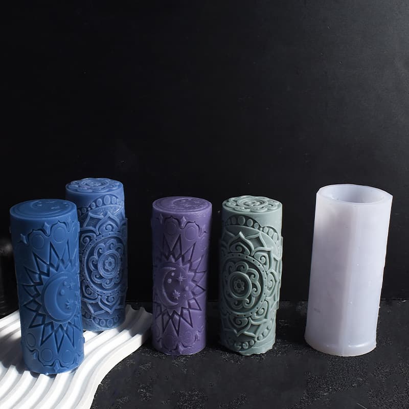 Carved Cylinder Candle Mold, Moon Star Lotus 3D Relief Pattern Flower Pillar Scented Candle Silicone Mold