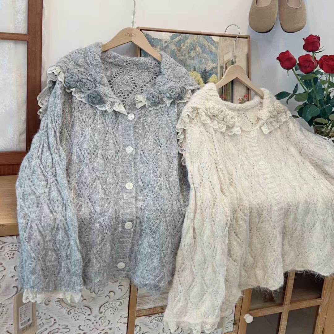 Juyizi Japanese-Inspired Lace Trim Large Collar Soft Knit Cardigan Coat Women Sweet Versatile Sweater