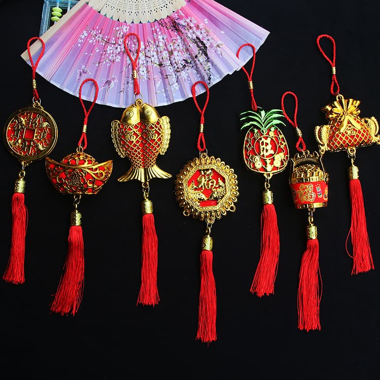 Festive hanging ornaments, New Year's double fish pendant, gold-plated plastic lucky bag, gourd, gold ingot, plant bonsai, housewarming decorations