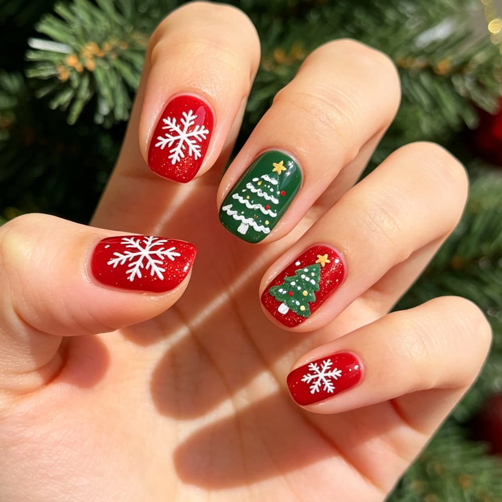 Christmas red and green snowflake Christmas tree wearable nails short square manicure festive cute removable fake nails finished product