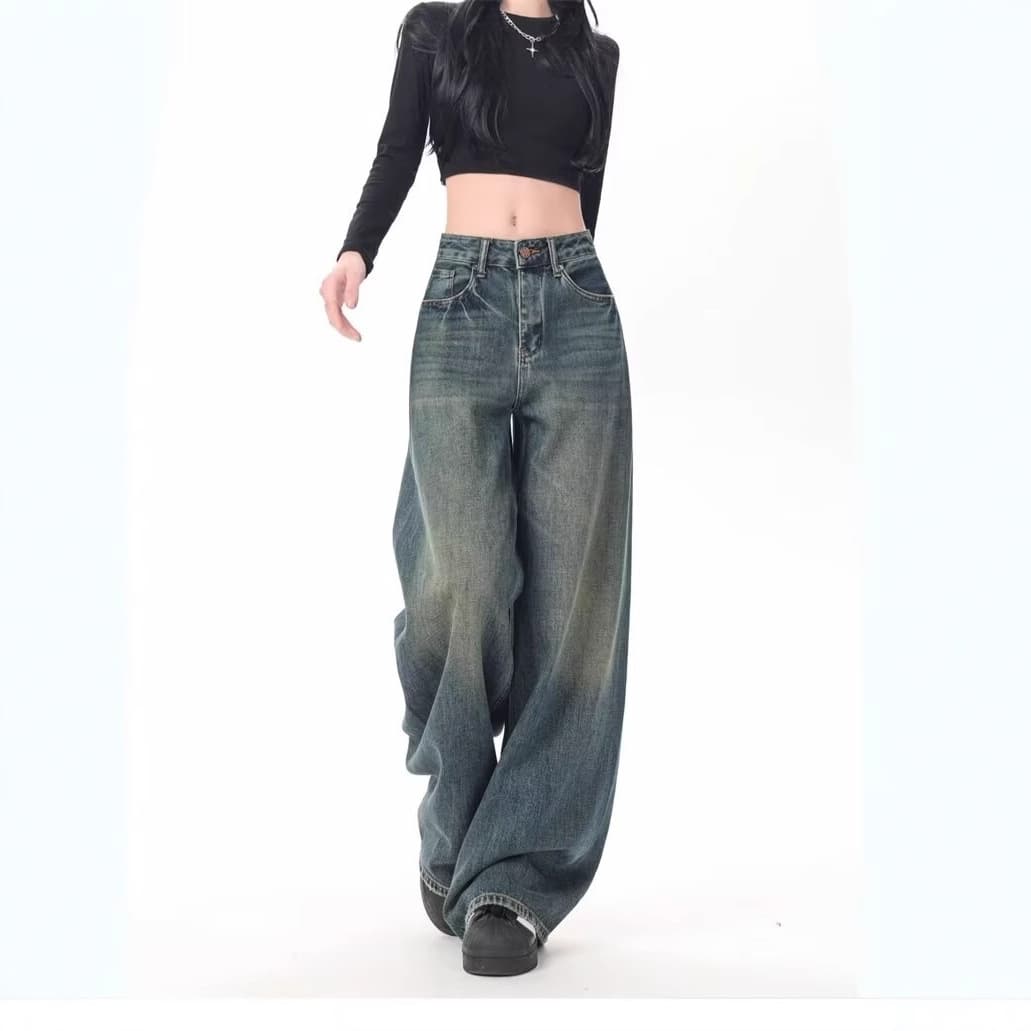 KEN STUDIO Early Fall New Arrival American Vintage Washed Denim Jeans for Women, Loose Fit, Slimming Wide-Leg Pants