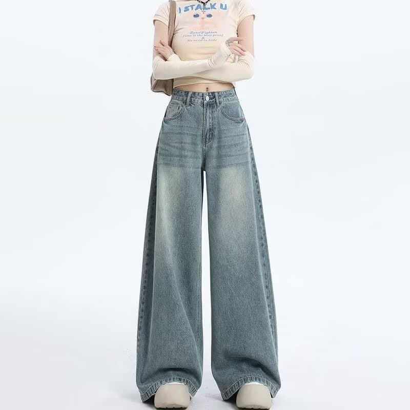 American Retro High-Waist Jeans for Women Fall New Style Loose Slimming Flowy Wide-Leg Floor-Length Pants
