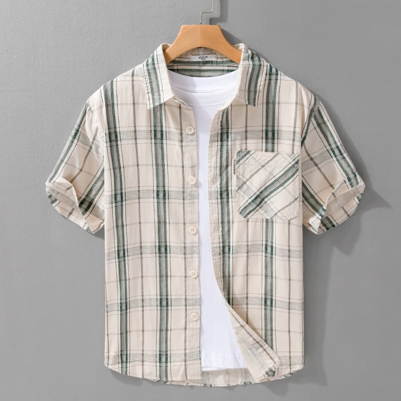 Summer Men's Casual Plaid Short Sleeve Shirt Comfortable Loose Thin Fashion Ins Versatile Japanese Simple Men's Shirt