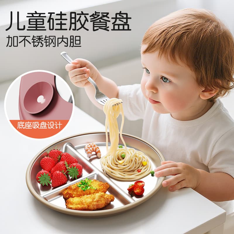 Cross-border Best Seller 304 Stainless Steel Divided Plate 3-Compartment Tray with Silicone Suction Bowl, Non-Slip and Heat-Resistant Feeding Set