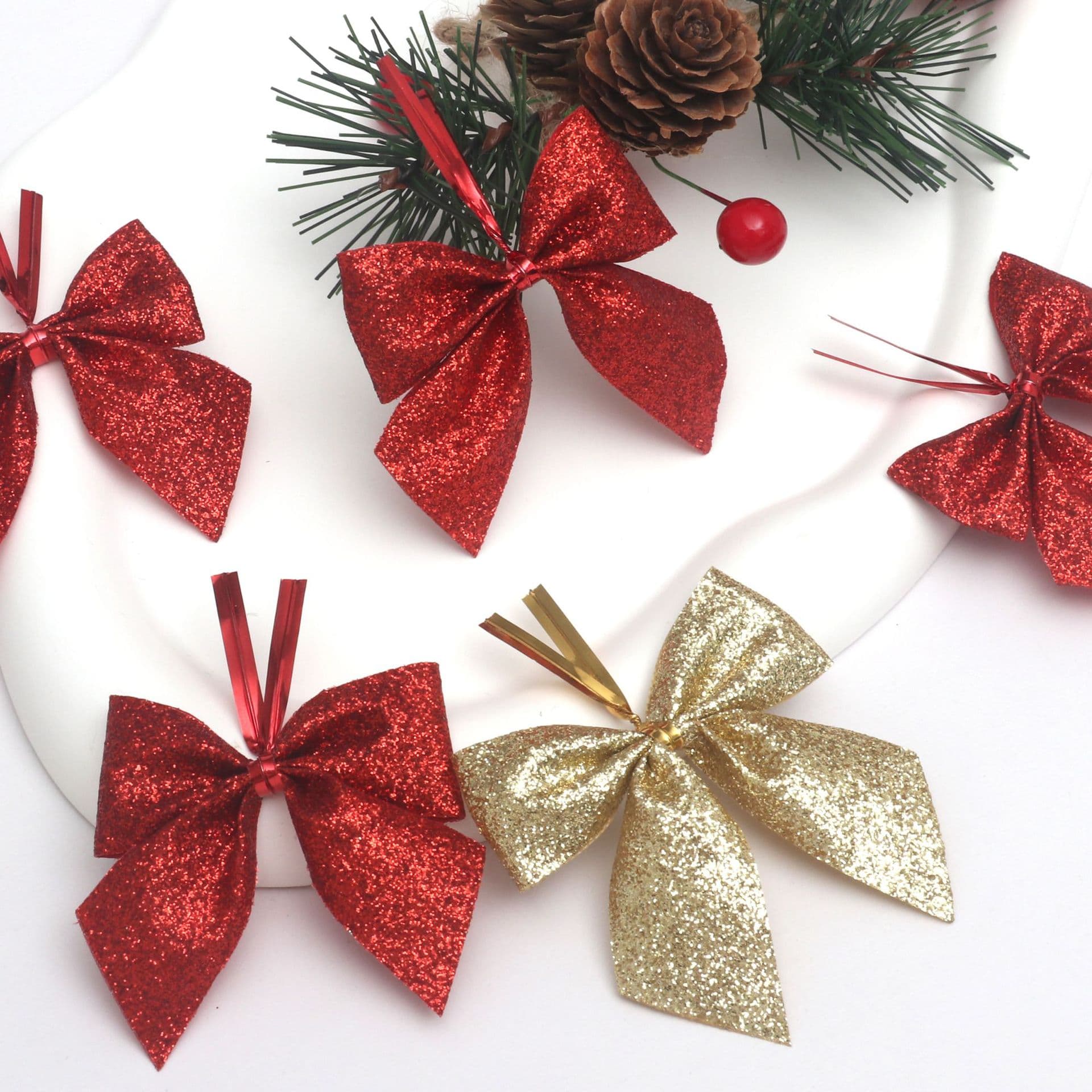 Christmas decorations, pink and silk bows, holiday arrangements, red bow Christmas tree pendants, cross-border