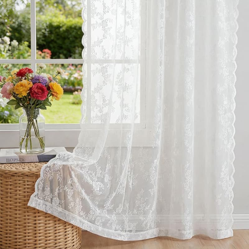 Cross-border Supply White Warp Knit Lace Sheer Curtain Export Hot Seller Rod Pocket Ready-Made Amazon Fabric Curtain Window Sheer