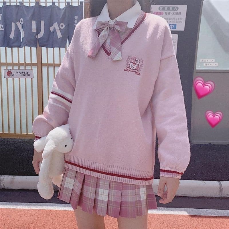 Spring/Autumn Season Original Embroidered Sweater Women Knitwear + Long Sleeve Shirt Student Uniform Skirt