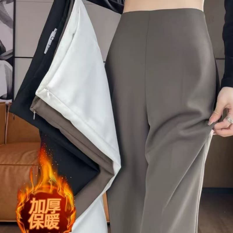 2026 Autumn/Winter New Fleece-Lined Suit Pants Side Zipper High-Waist Slim Wide-Leg Flared Floor-Length Pants for Women