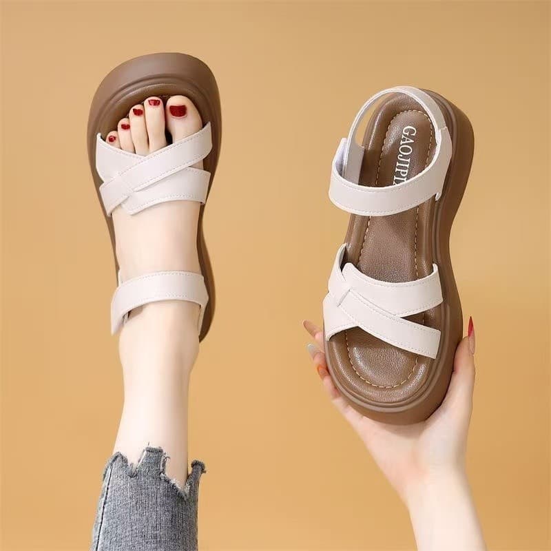 Summer Velcro Soft Leather Comfortable Thick Sole Sandals Women 2026 New Flat Non-slip Versatile Outdoor Heightening Sandals