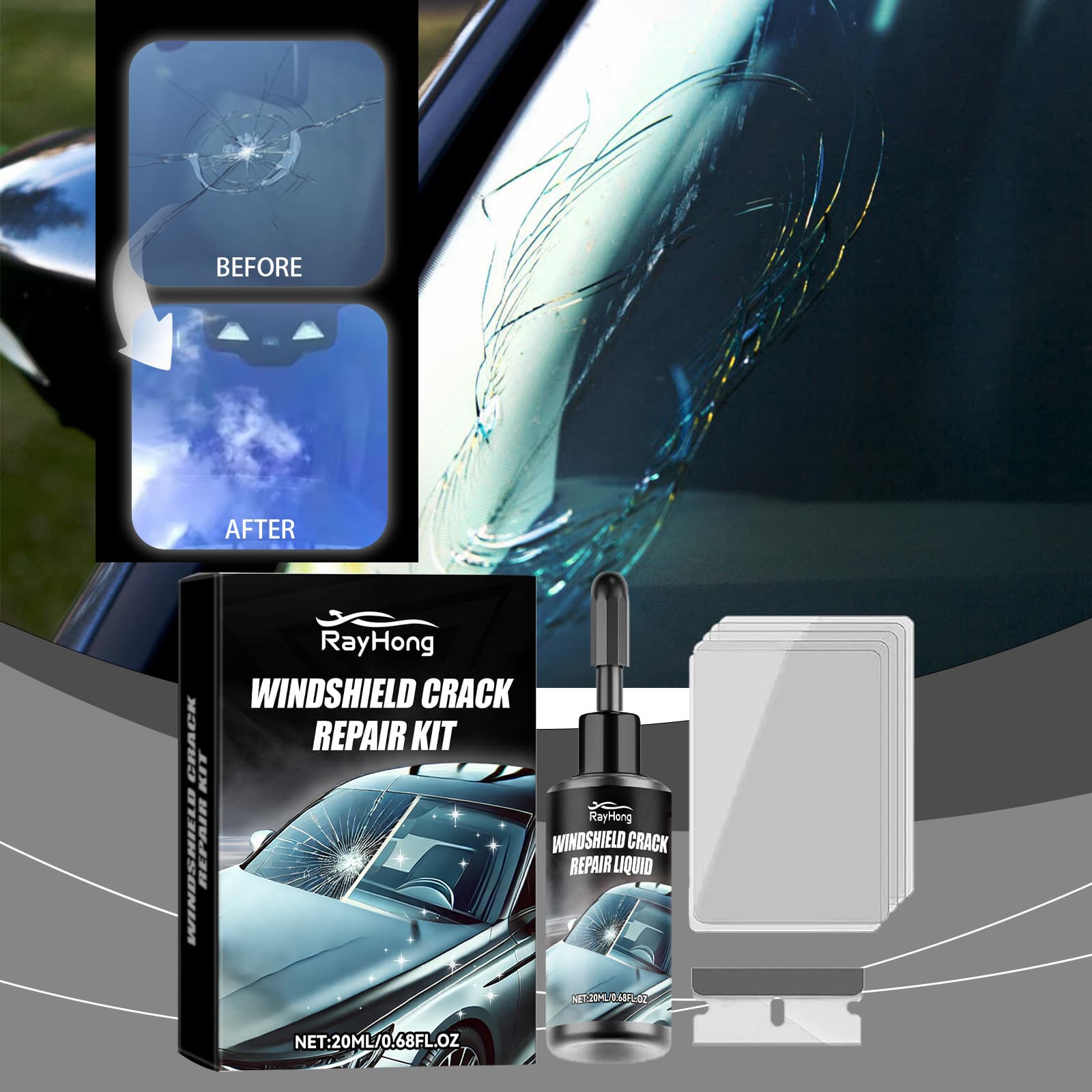 Rayhong Windshield Crack Care Kit - Clear Vision Travel & Auto Renovation Set