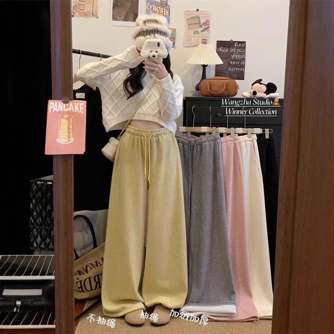 Ashimi Korean-style cashmere fleece-lined thick long-leg slimming drawstring ankle-cuffed casual two-way cloud towel pants
