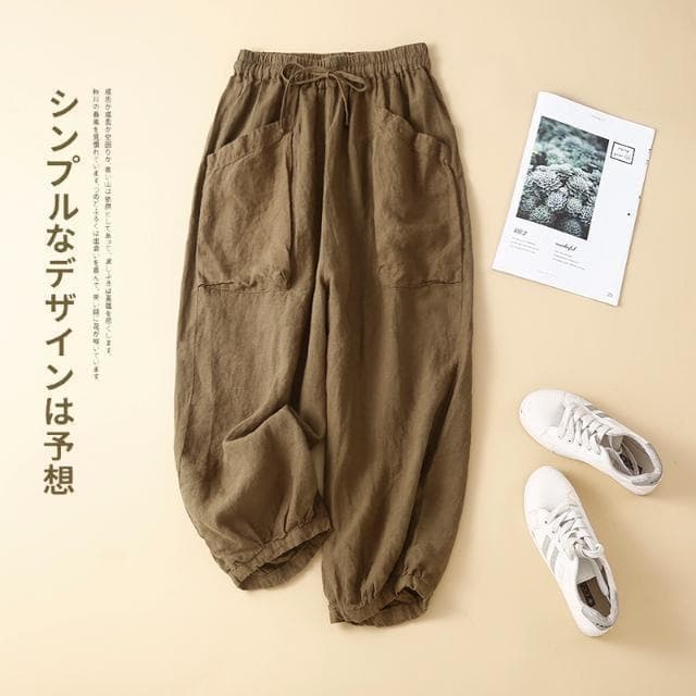 Cotton and linen casual harem pants for women, summer slimming wide-leg nine-point lantern pants