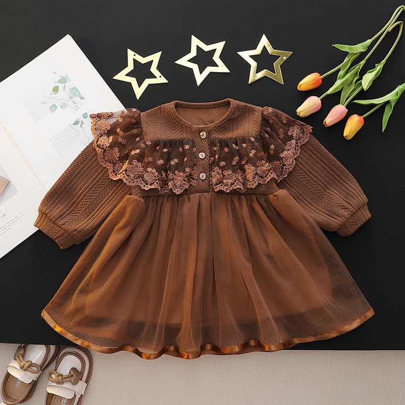 Spring Autumn Princess Style Girls Dress Baby Girl Lace Trim Fashionable Tulle Skirt Long Sleeve A-Line Cotton Dress for Toddlers