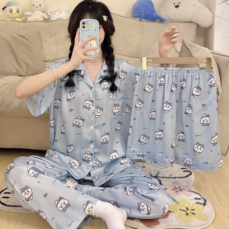 2025 New Chiikawa Pajamas Women Summer Ice Silk Short Sleeve Cartoon Cute Usagi Hachi Homewear