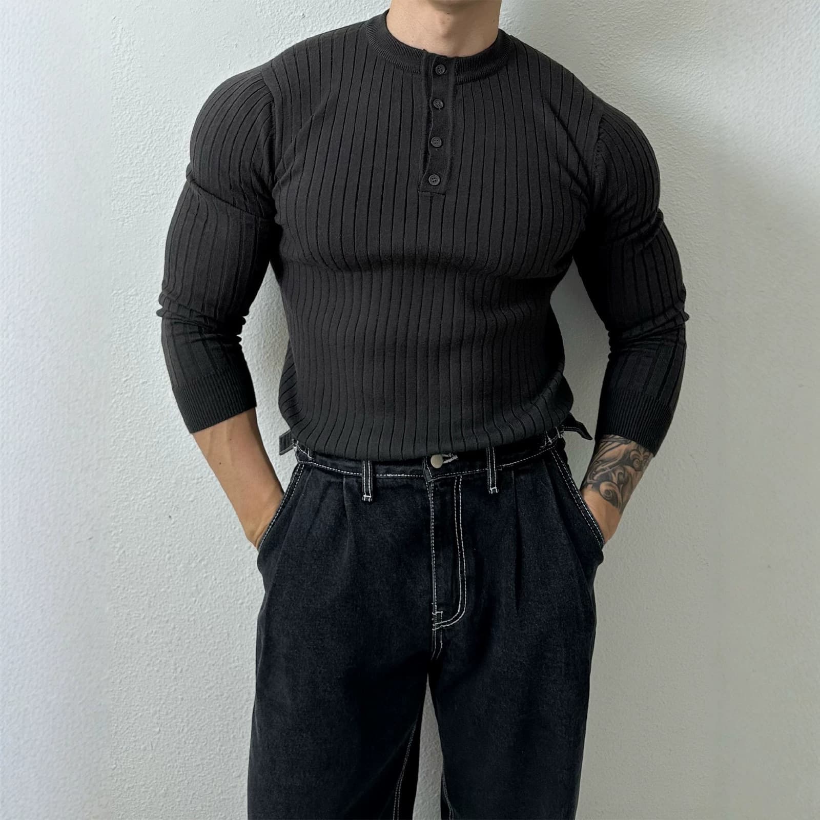 Polo Collar Long-Sleeve Knit Shirt Men's Summer American Style Casual Muscle Fit Versatile Slim T-Shirt