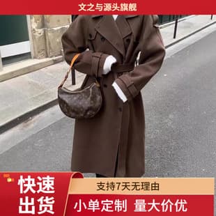 Vintage Retro Solid Color Double-Breasted Tie-Waist Long Coat with Notched Lapel, Women's Fall Winter Woolen Coat