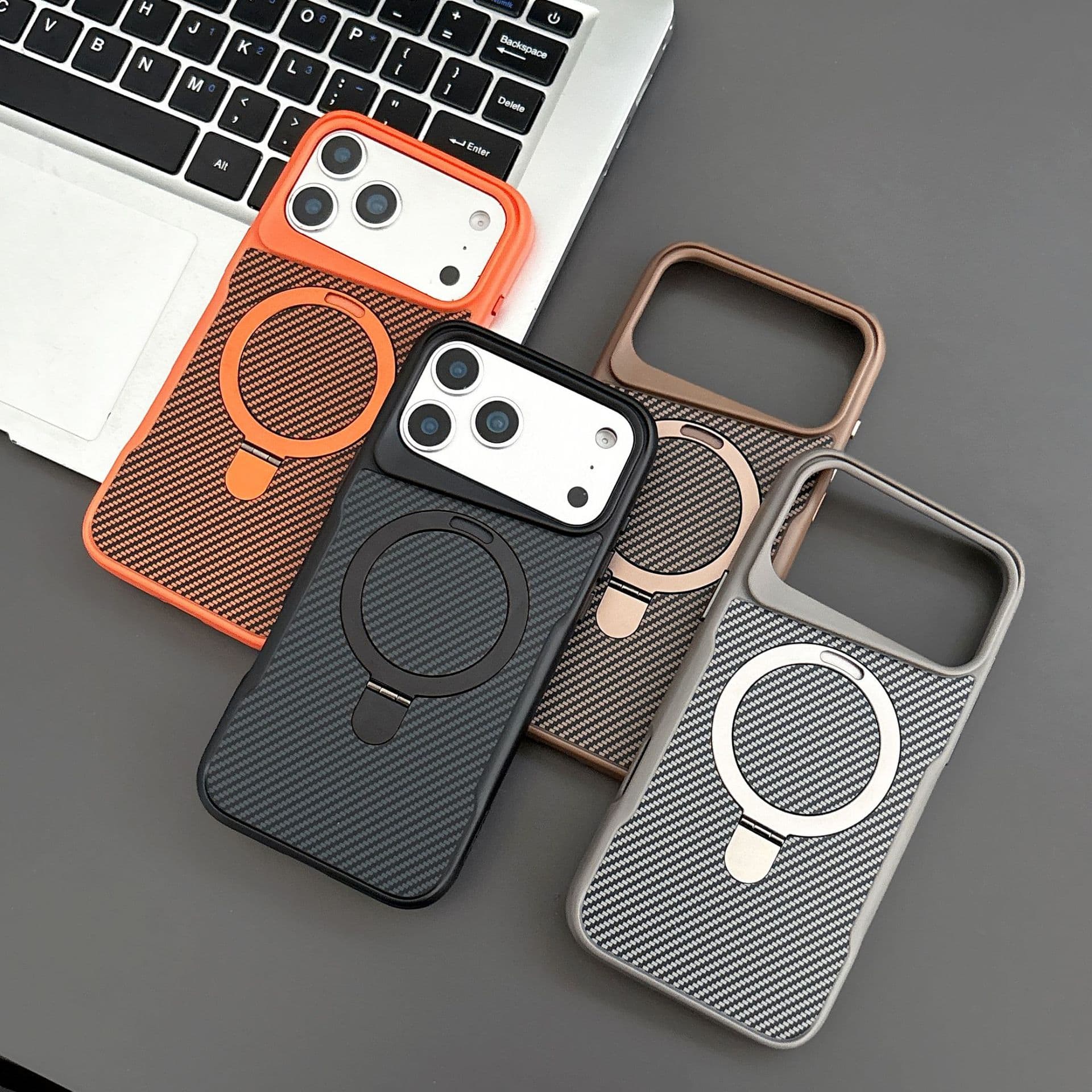 Suitable for Apple 17 Pro Max Magnetic Phone Case with Fiber Pattern, Slim Waist Design, iPhone 16 Metal Bracket Protective Cover