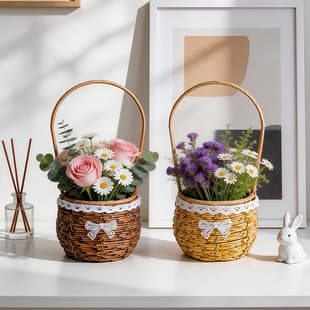 Rattan-Like Woven Handheld Flower Basket, Flower Shop Flower Arrangement Basket, Handmade Woven Home Decoration Flower Basket, Event Favor Basket