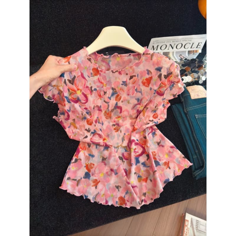 Real shot of high-end, heavy-duty, double-sided smudged, comfortable short-sleeved women's new summer outer wear, loose and versatile tops