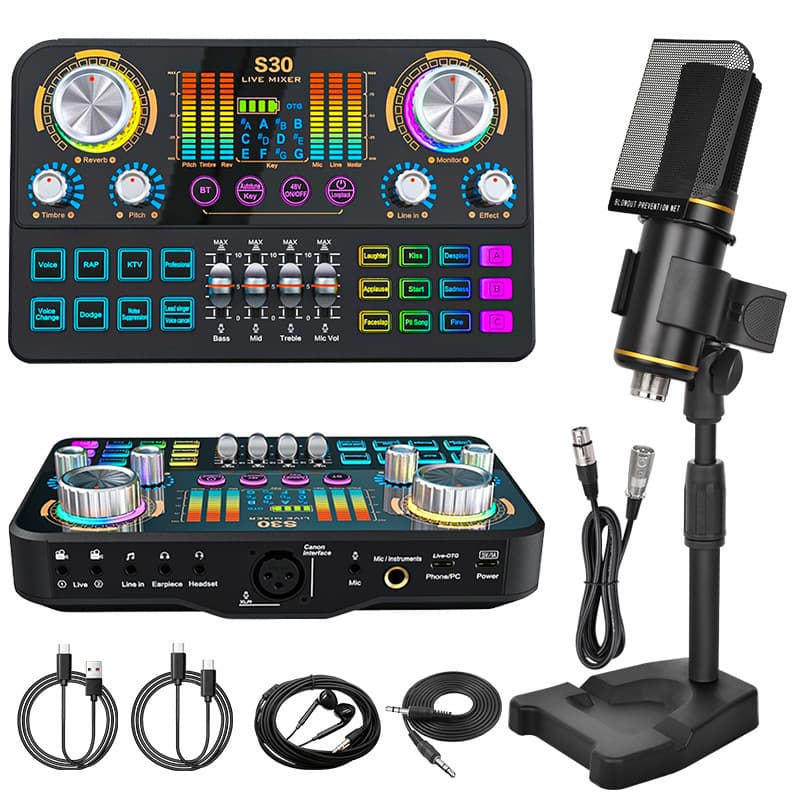 Cross-border Mixer Microphone Kit for Live Streaming Recording XLR Mic 48V Sound Card with Bluetooth Accompaniment Noise Reduction