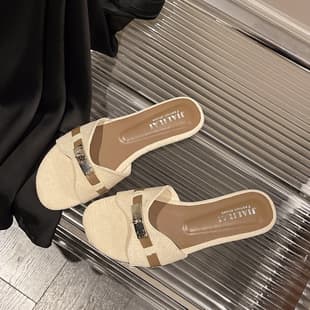 Metal Buckle High Heel Slide Sandals Summer New Sexy Open Toe One-Strap Chunky Heel Sandals Fashion Versatile Sandals