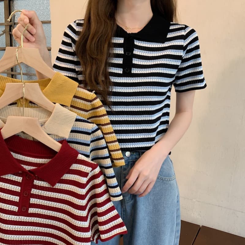 Korean Summer New Hollow Thin Ice Silk Knit Top Women Short Sleeve Polo Collar T-Shirt Red Striped Cropped Top