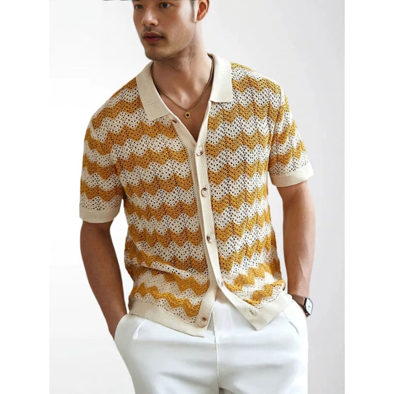 Cross-Border Men's Retro Hong Kong Style Wavy Digital Print Hollow Out Shirt Turn-Down Collar Summer Short Sleeve Casual Polo Shirt